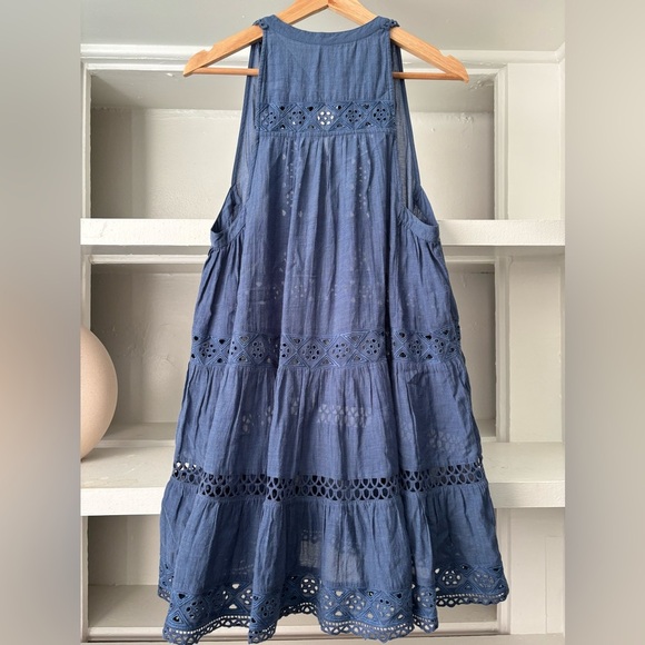 Free People Adelaide Blue Eyelet Trim Sleeveless Tunic Size Small S Button Boho - Picture 4 of 6